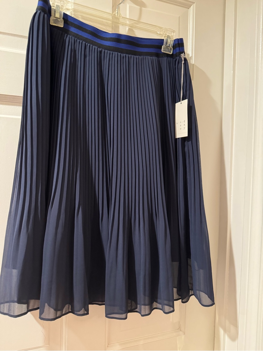 a new day Navy Blue Pleated Midi Skirt with Striped Waistband